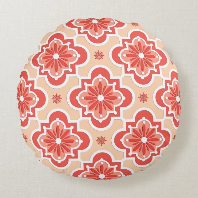 Moroccan tile pattern - Shades of Coral Orange Round Pillow (Front)