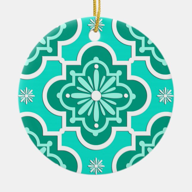 Moroccan tile pattern - Turquoise and Aqua Ceramic Ornament (Front)