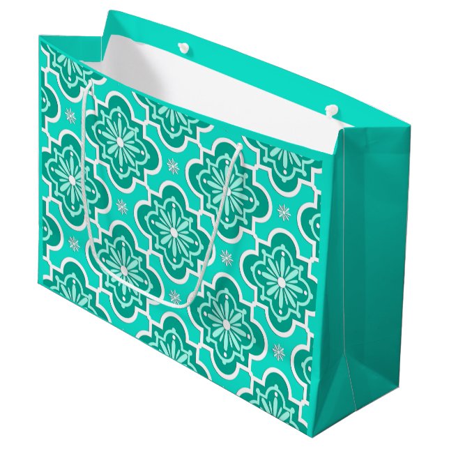 Moroccan tile pattern - Turquoise and Aqua Large Gift Bag (Front Angled)