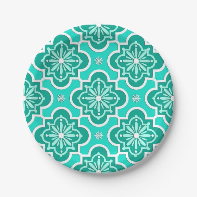 Moroccan tile pattern - Turquoise and Aqua Paper Plates (Front)