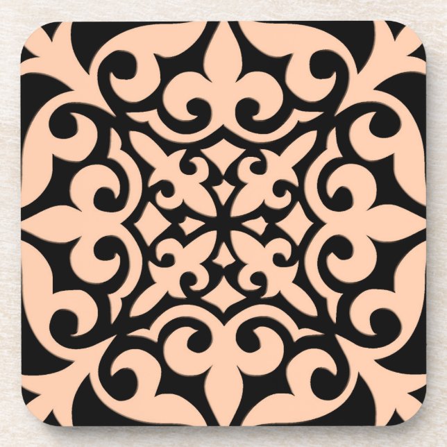 Moroccan tile - peach pink and black beverage coaster (Front)