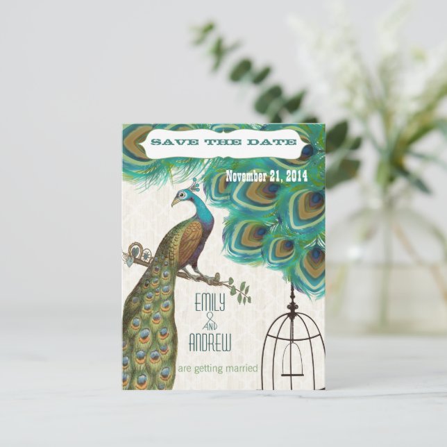 Moroccan Tile Peacock Birdcage Save the Date Announcement Postcard (Standing Front)