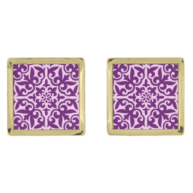 Moroccan tile - purple and orchid gold cufflinks (Front)