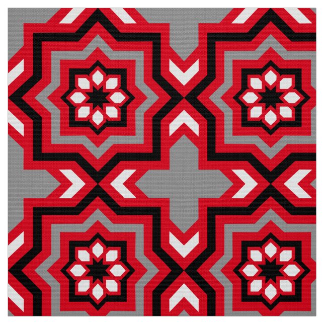 Moroccan Tile, Red, Gray / Grey, Black and White Fabric (Swatch)