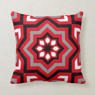 Moroccan Tile, Red, Gray / Grey, Black and White Throw Pillow