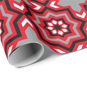 Moroccan Tile, Red, Gray / Grey, Black and White Wrapping Paper