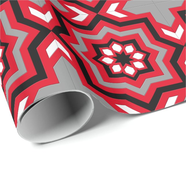 Moroccan Tile, Red, Gray / Grey, Black and White Wrapping Paper (Roll Corner)