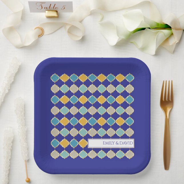 Moroccan Tile Royal Blue Golden Arab Wedding Paper Plates (Wedding)