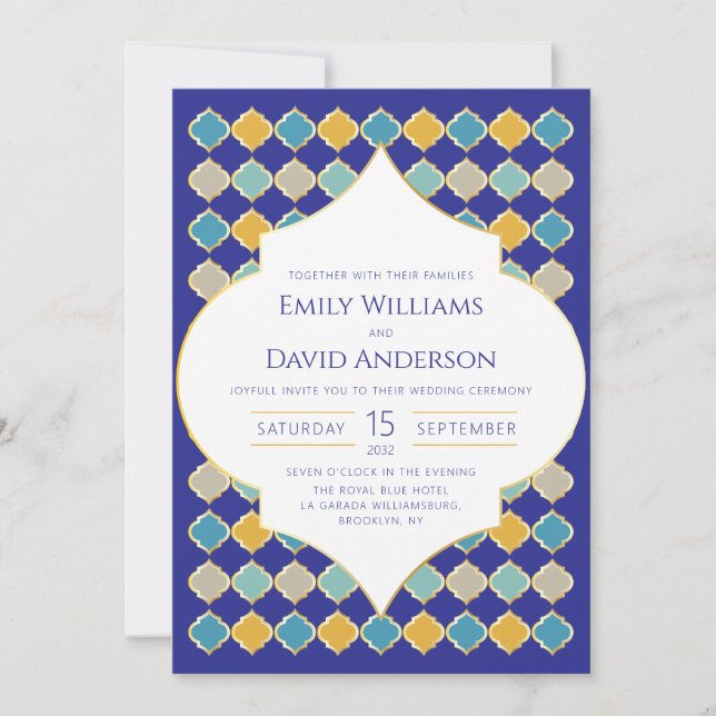 Moroccan Tile Royal Blue Golden Wedding Invitation (Front)