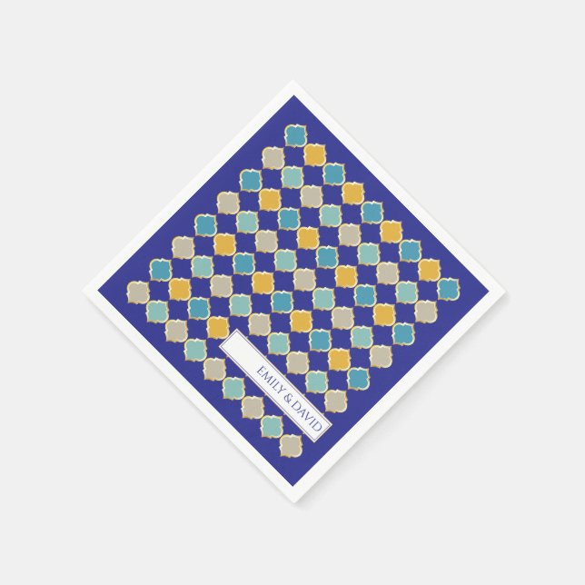 Moroccan Tile Royal Blue Golden Wedding Napkins (Corner)