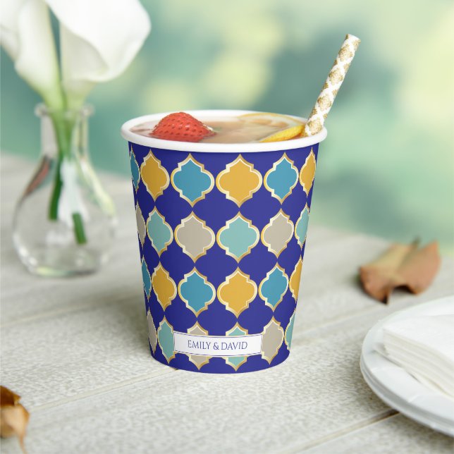 Moroccan Tile Royal Blue Golden Wedding Paper Cups (Insitu)