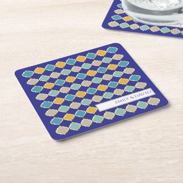 Moroccan Tile Royal Blue Golden Wedding Square Paper Coaster (Angled)