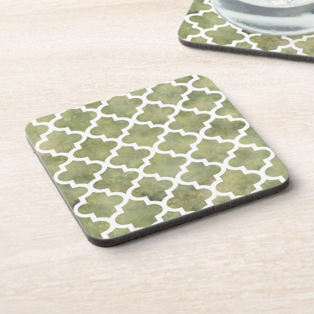 Moroccan Tile Trellis Patterm on Moss Green Marble Drink Coaster (Left Side)