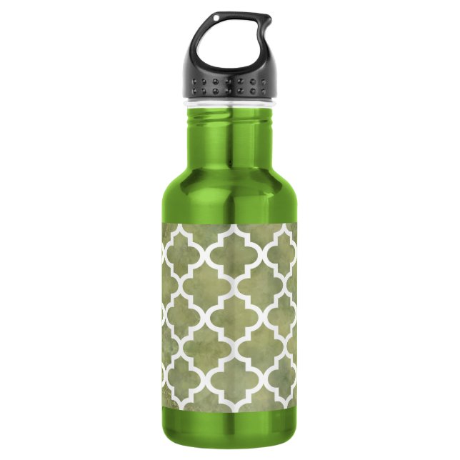 Moroccan Tile Trellis Patterm on Moss Green Marble Stainless Steel Water Bottle (Front)