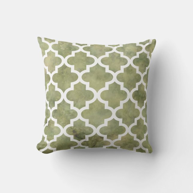 Moroccan Tile Trellis Patterm on Moss Green Marble Throw Pillow (Front)