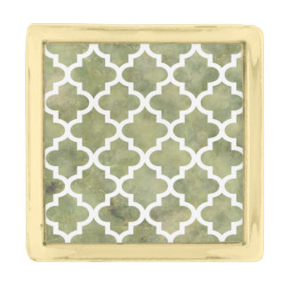 Moroccan Tile Trellis Pattern on Moss Green Marble Gold Finish Lapel Pin