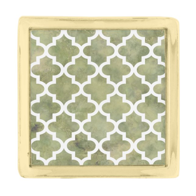 Moroccan Tile Trellis Pattern on Moss Green Marble Gold Finish Lapel Pin (Front)