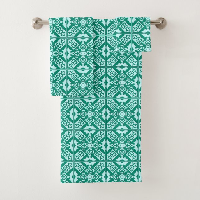 Moroccan Tile, Turquoise and Aqua Bath Towel Set (Insitu)