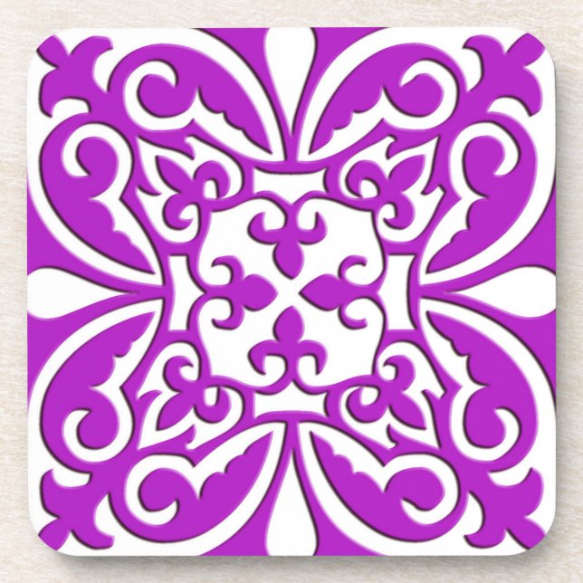 Moroccan tile - violet purple and white beverage coaster (Front)