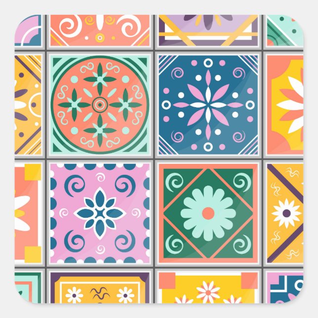  Moroccan Tile Wall Art | Blue & Yellow Zellij Square Sticker (Front)