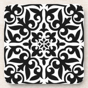 Moroccan tile - white with black background beverage coaster