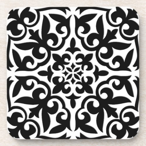 Moroccan tile _ white with black background beverage coaster