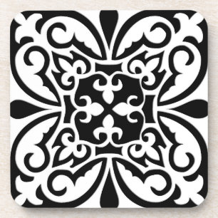 Moroccan tile - white with black background beverage coaster