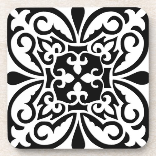 Moroccan tile _ white with black background beverage coaster