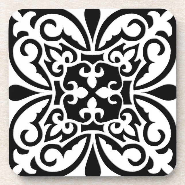 Moroccan tile - white with black background beverage coaster (Front)