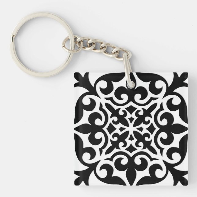 Moroccan tile - white with black background keychain (Front)