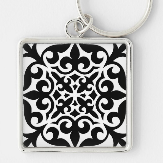 Moroccan tile - white with black background keychain (Front)