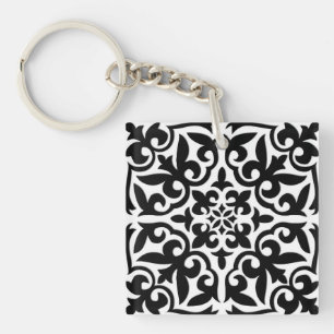 Moroccan tile - white with black background keychain