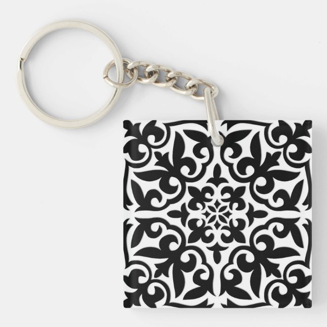 Moroccan tile - white with black background keychain (Front)