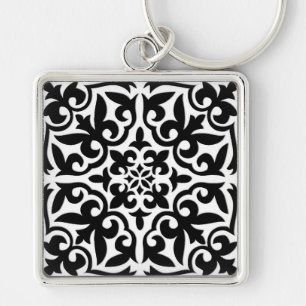 Moroccan tile - white with black background keychain