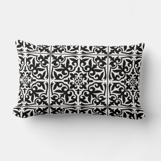 Moroccan tile - white with black background lumbar pillow (Front)
