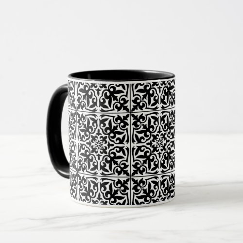 Moroccan tile white with black background mug