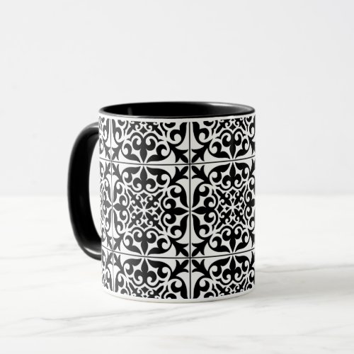 Moroccan tile _ white with black background mug