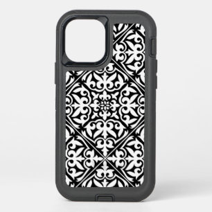 Moroccan tile - white with black background OtterBox defender iPhone 12 case
