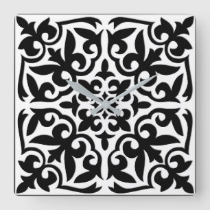 Moroccan tile - white with black background square wall clock