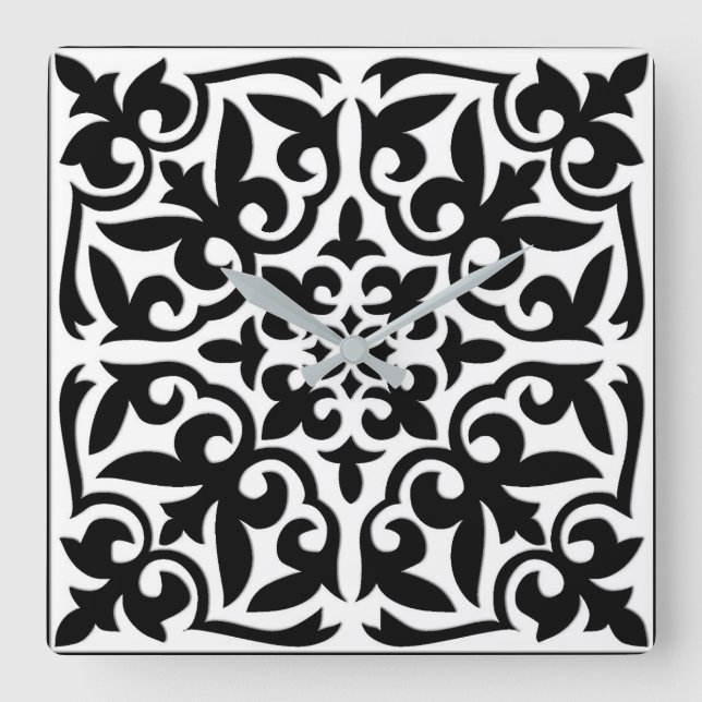Moroccan tile - white with black background square wall clock (Front)