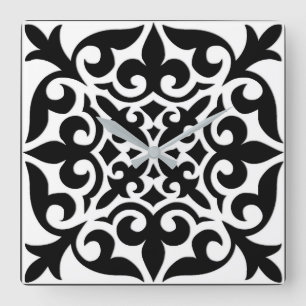 Moroccan tile - white with black background square wall clock