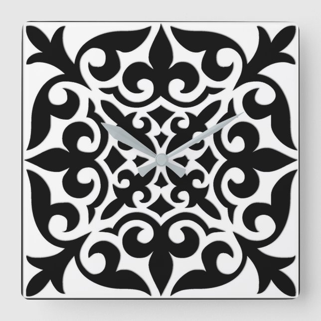 Moroccan tile - white with black background square wall clock (Front)