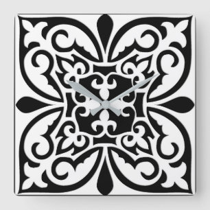 Moroccan tile - white with black background square wall clock