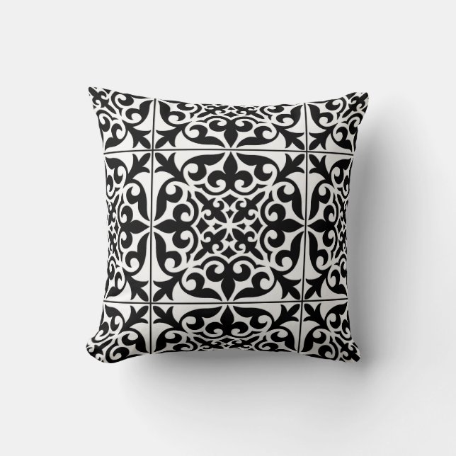 Moroccan tile - white with black background throw pillow (Front)
