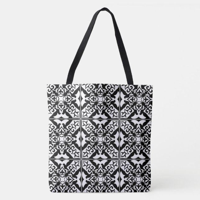 Moroccan tile - white with black background tote bag (Front)