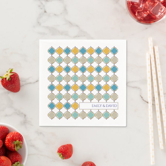 Moroccan Tile Yellow Blue Golden Wedding Napkins (Insitu)
