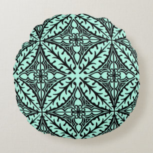 Moroccan tiles - aqua blue and black round pillow