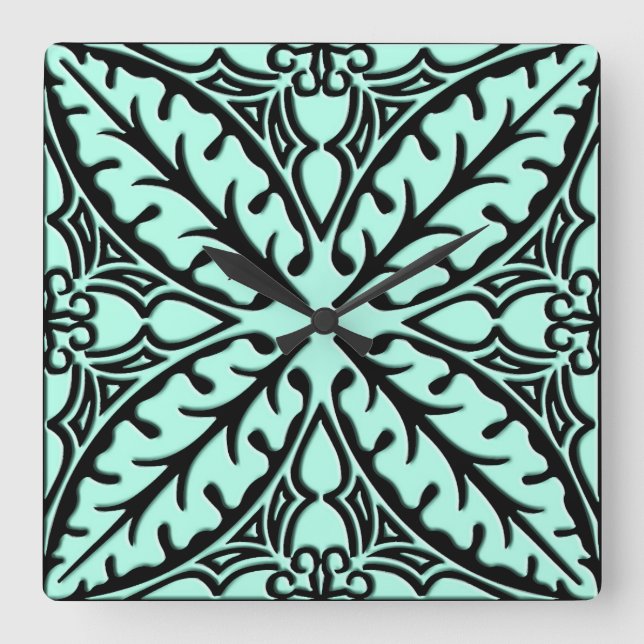 Moroccan tiles - aqua blue and black square wall clock (Front)