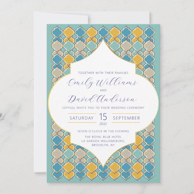 Moroccan Tiles Blue Golden QR Code Invitation (Front)