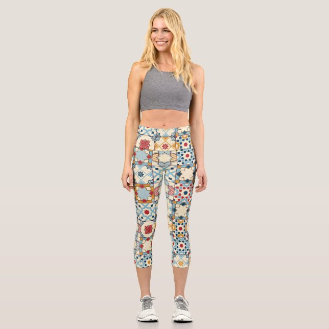 Moroccan tiles, colorful seamless pattern. capri leggings (Front)
